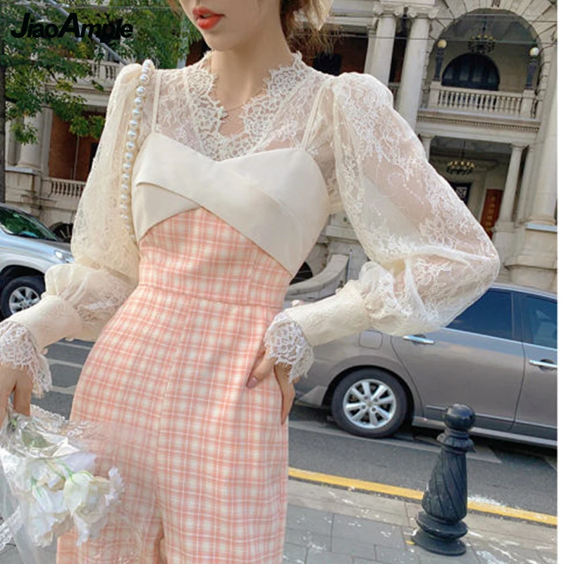 

Женская элегантная одежда на весну и осень 2022, милый розовый клетчатый комбинезон в Корейском стиле, длинные брюки, кружевная рубашка на бре...