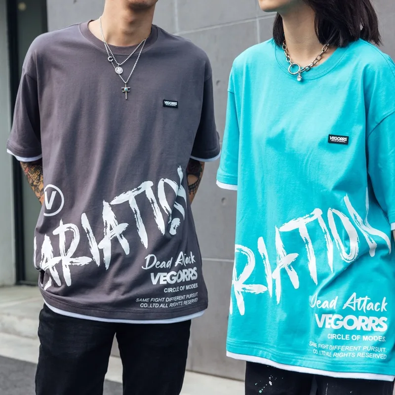 

FPACE Summer New Fake Two Loose Half Sleeve Printed Graffiti Ins Popular Logo T-shirt Lovers Men With Short Sleeves