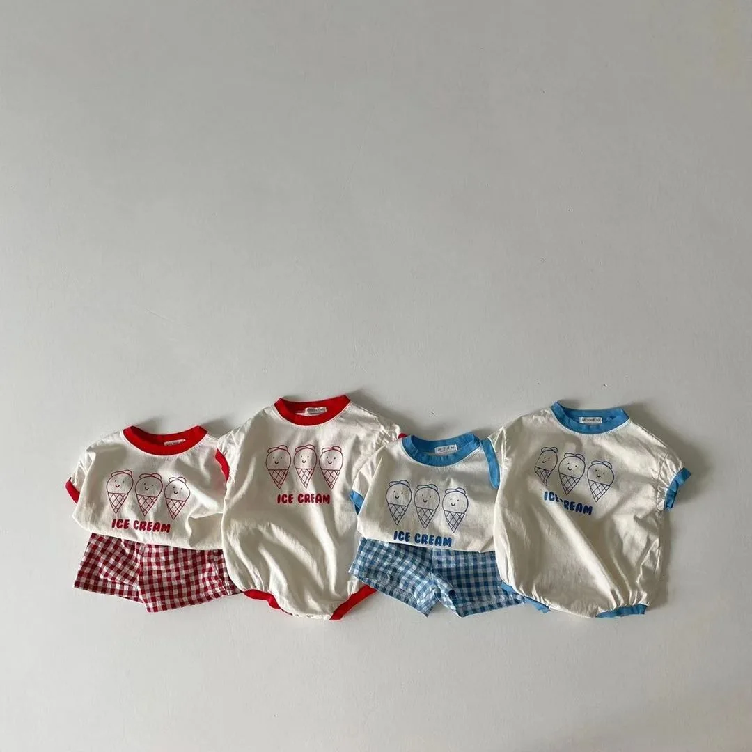 2023 Summer New Baby Girl Plaid Shorts Set Baby Cute Ice Cream Print Clothes Set Infant Boy Short Sleeve T Shirt 2pcs Set Cotton