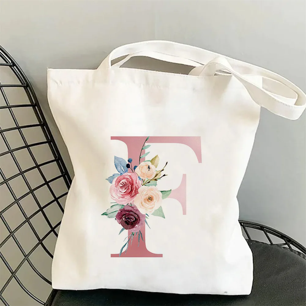 Flowers Alphabet A-Z Cotton Bags Custom Name Shopping Bag Canvas Girls Trip Bridal Wedding Party Giveaway Personalized Tote