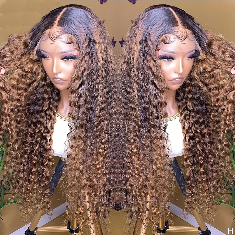 

26“Long 180% Density Soft Preplucked Glueless Ombre Honey Blonde Brown Kinky Curly Lace Front Wig For Black Women Babyhair Daily