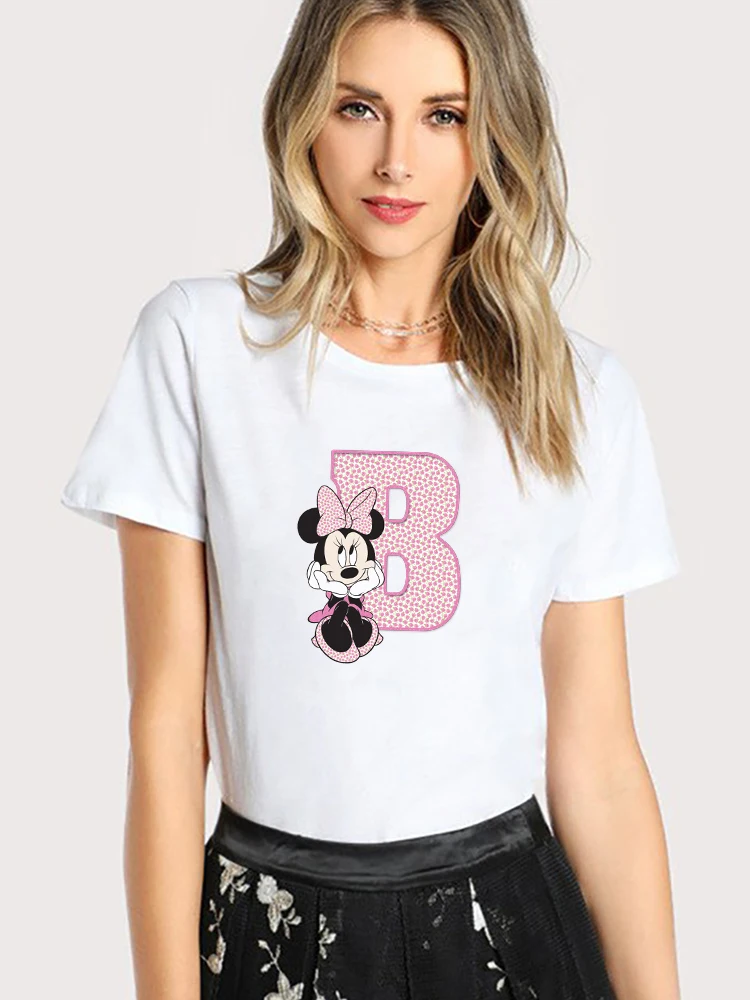 

Casual White Minnie Mouse Graphic Tops Tees Harajuku Style Female T-Shirt Summer New A To Z Alphabet Trend Disney Women T Shirt