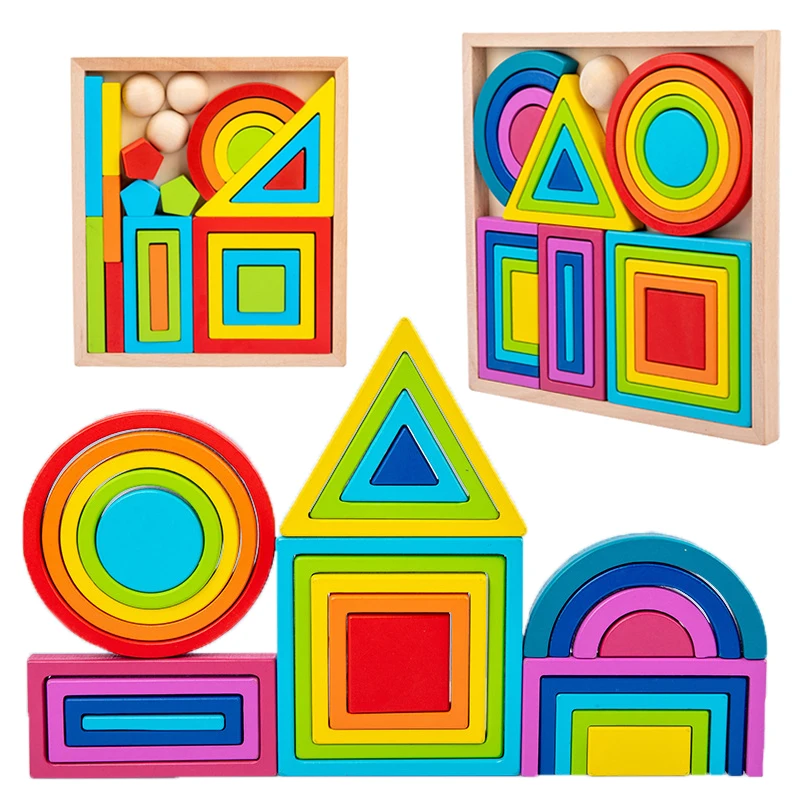 

Kids Rainbow Nesting Stacking Toys Wooden Building Blocks Balance Game Montessori Art Geometric Creative Sensory Educational Toy
