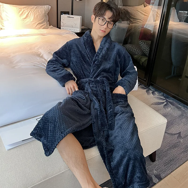 Navy Winter Couple Nightgown Women Flannel Long Robe Thick Warm Sleepwear Men's  Bath Bathrobe Home Wear Size L XL XXL