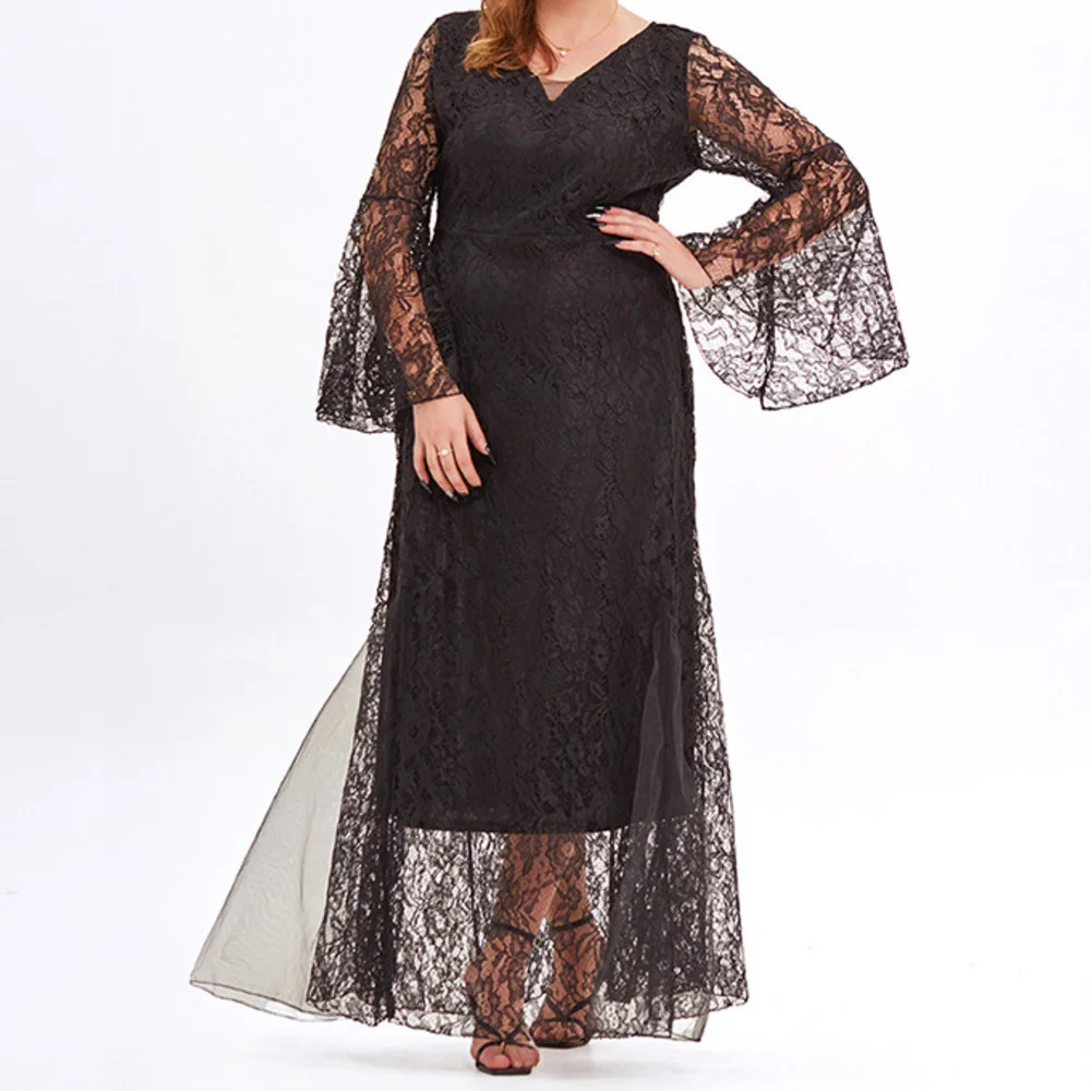 Plus Size Large Women's Dress New Elegant V-neck Silk Color Women's Mesh Dress Flare Long Sleeves Fat MM Elegant Lace Dresses