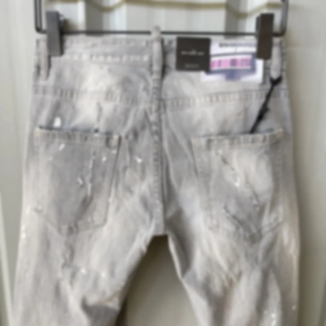 Spring/Summer 2023 New D2 Jeans Men's Fashion Men's Water Wash Print Roll Pant Feet Paint Slim Fit Small Feet Dark Blue