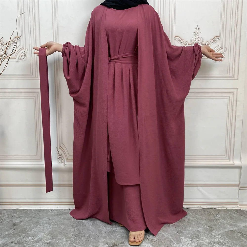 3 Piece Abaya Set Butterfly Kimono+Sleeveless Dress+Pleat Wrap Tie Skirt Islamic Clothing Women Dubai Muslim Outfit Ramadan Eid
