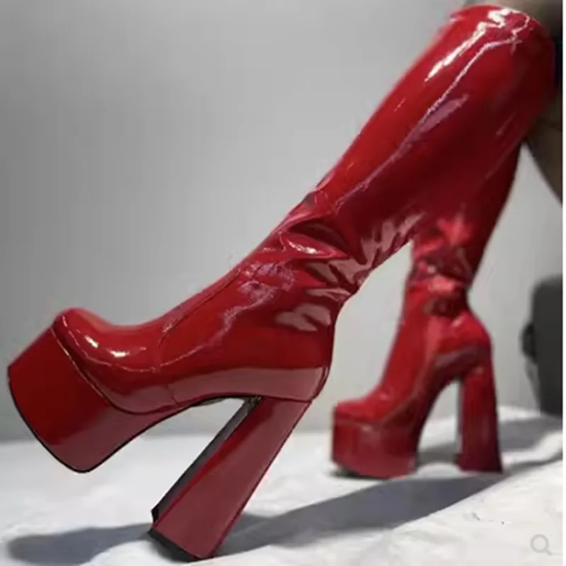 

2023 Brand New Women's Mid-calf Boots Patent Leather Thick Sole Platform Heel Super High Sexy Luxury High Quality Shoes
