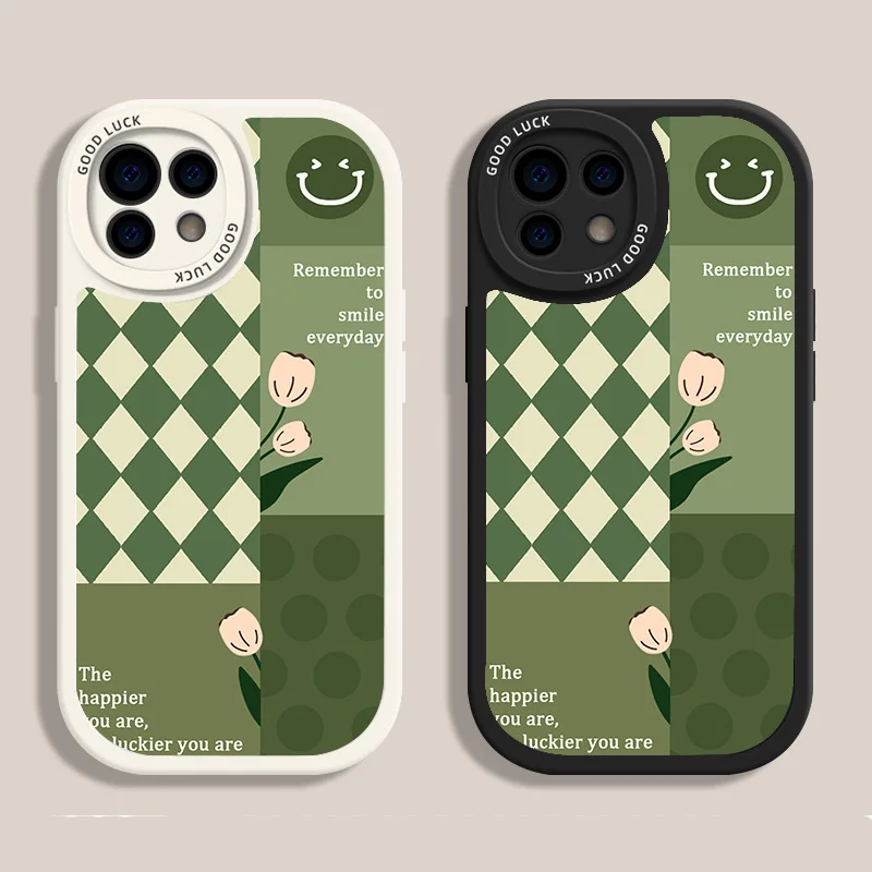

Tulip Smiley Plaid Phone Case For iPhone 14 13 12 11 Pro Max Mini X XS XR 7 8 Plus SE Drop Resistant Color Blocking iPhone Case