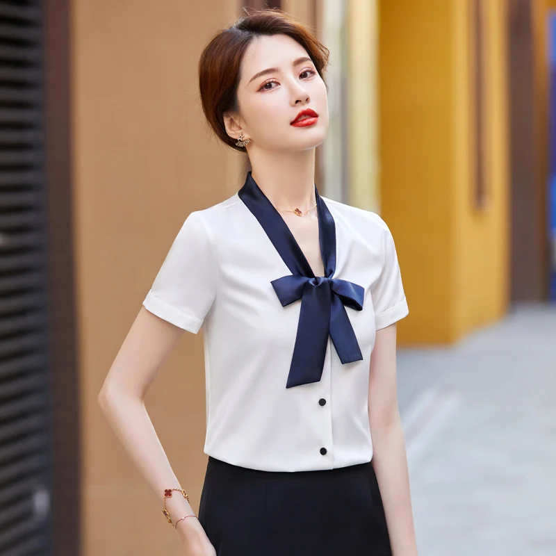 

Модные летние женские рубашки, Женская рабочая блузка и топ, офисные белые комплекты с коротким рукавом