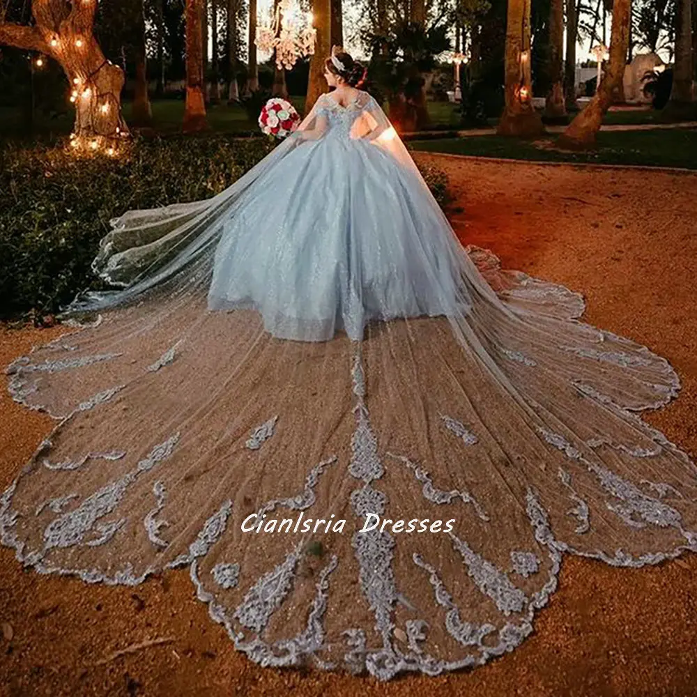 

Light Blue 3D Flowers Crystal Quinceanera Dress With Cape Ball Gown Off The Shoulder Appliques Corset Sweet 15 Vestidos XV Años