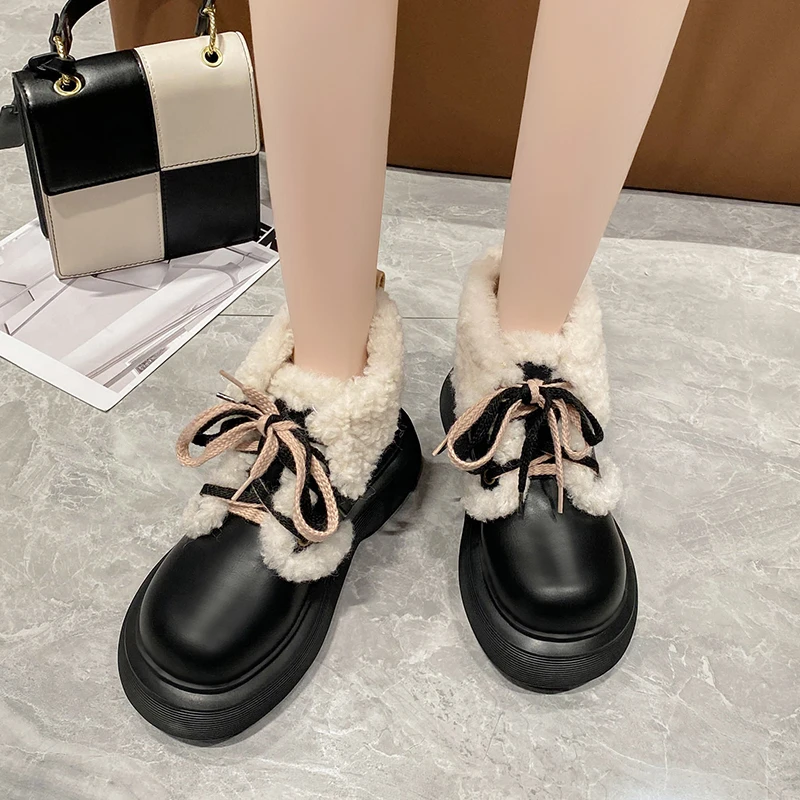 

Новые мягкие ботинки, женская обувь, плюшевые женские ботинки, модные круглые ботильоны из искусственной кожи, зимние эластичные черные бот...