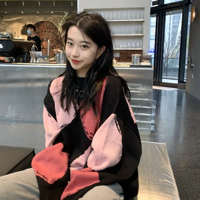 

Top Women Sweater Y2k Oversize Geometric Patterns Long Pullover Sweaters Striped Print Korean Fashion Outerwear Women's O-Neck