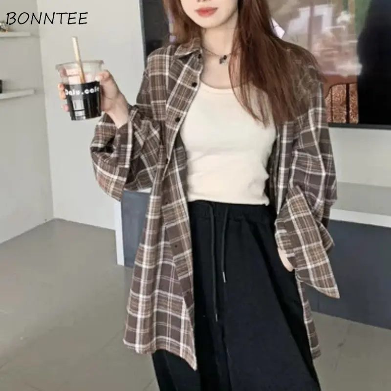 

Клетчатые рубашки, женские винтажные шикарные Осенние Топы с длинным рукавом, простая удобная женская верхняя одежда, подходящая ко всему к...