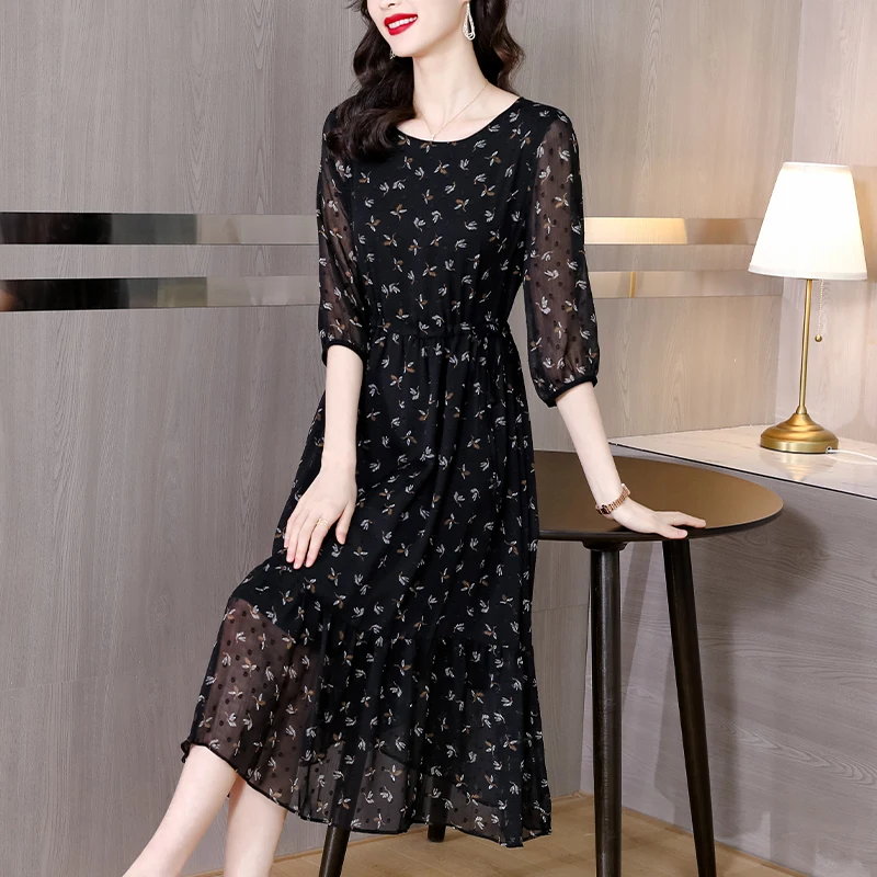 

Fashion Temperament Black Floral Silk Dress Women Summer 2022 Large Size Loose Tight Floral Skirt Casual Elegant Party Vestidos