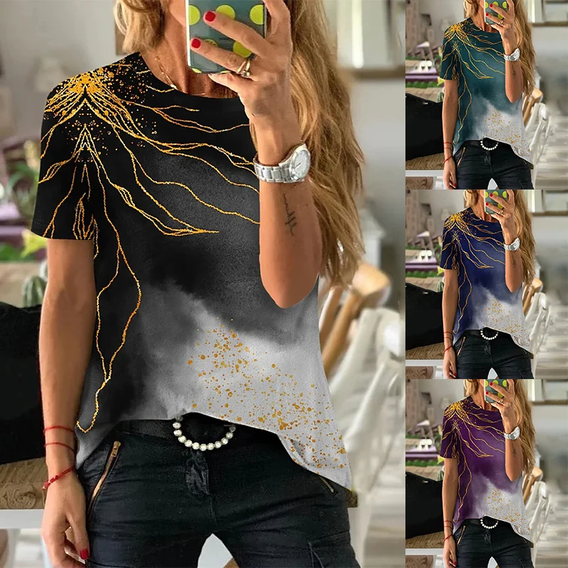 

2022 Summer Women's Abstract Cool 3D Printed Short Sleeves Round Neck Female Casual Pullover Fashion Tops Elegant Tee Shirts