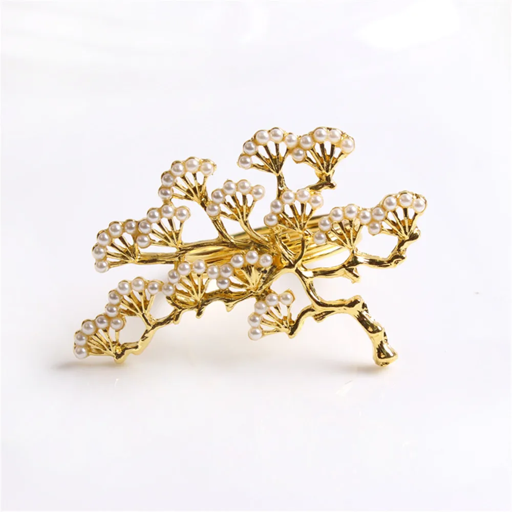 

6PCS/batch pearl pine napkin buckle zinc alloy napkin ring western table decoration gold pearl napkin ring
