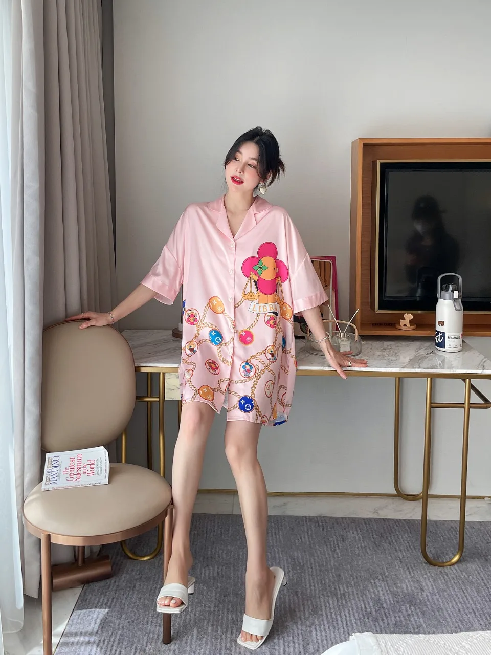 [Women's pajamas] [high-quality]New Short Sleeve Long Pants Ice Silk Set Korean Version Sweet Sunflower Large Homewear Pajamas