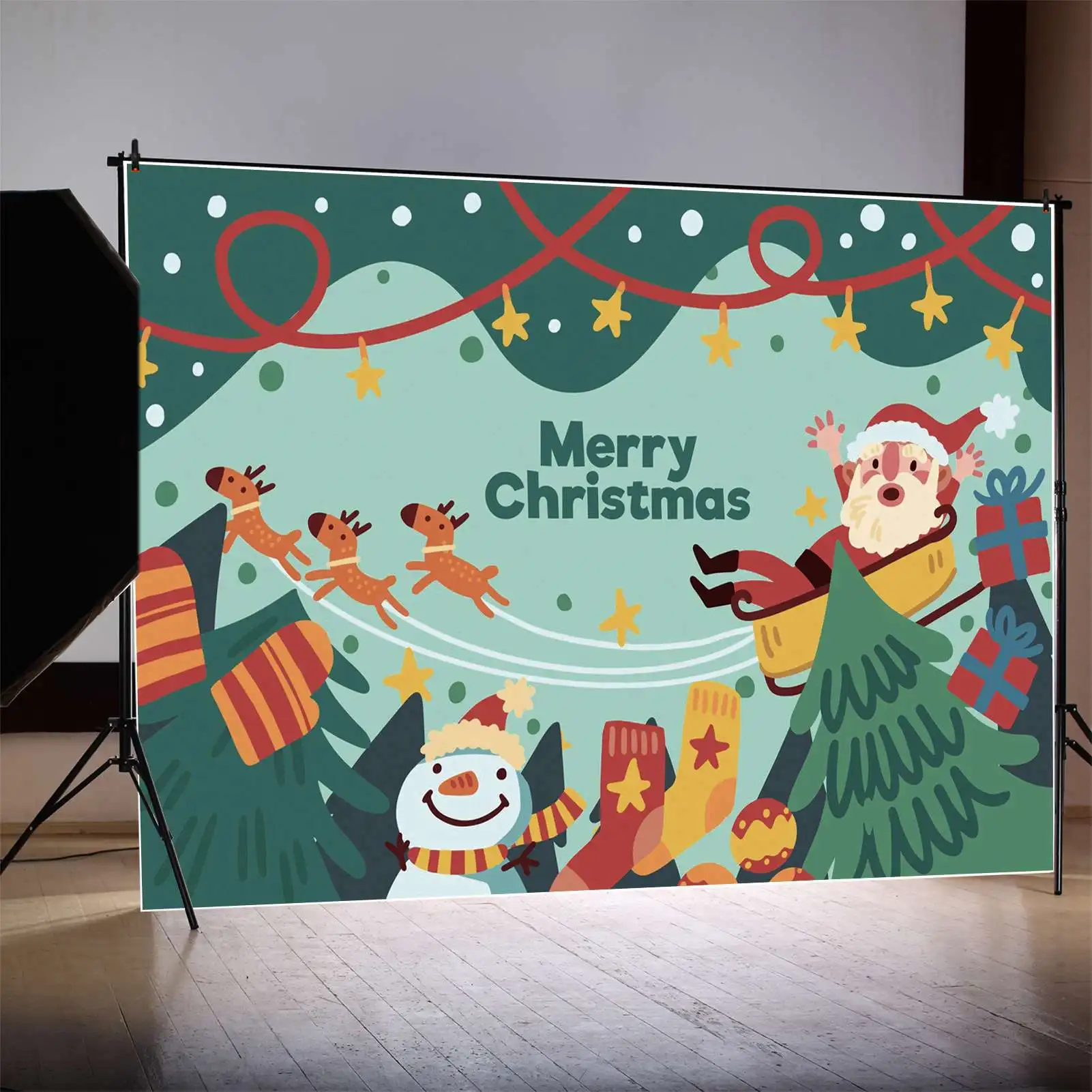 

Задний фон MOON.QG с надписью "Merry Christmas", "Дед Мороз", "олень", "Детская фотобудка", задний фон, Зеленая гора, сосна, снеговик, Декор