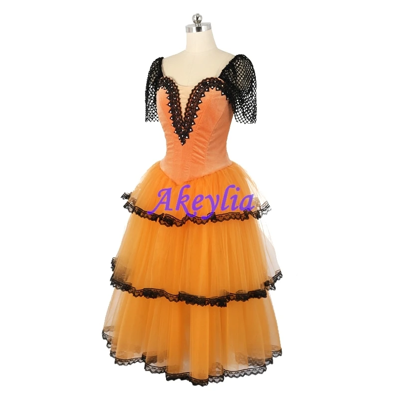 Тыквенный черный Дон Кихот 3-слойное романтическое длинное платье оранжевое