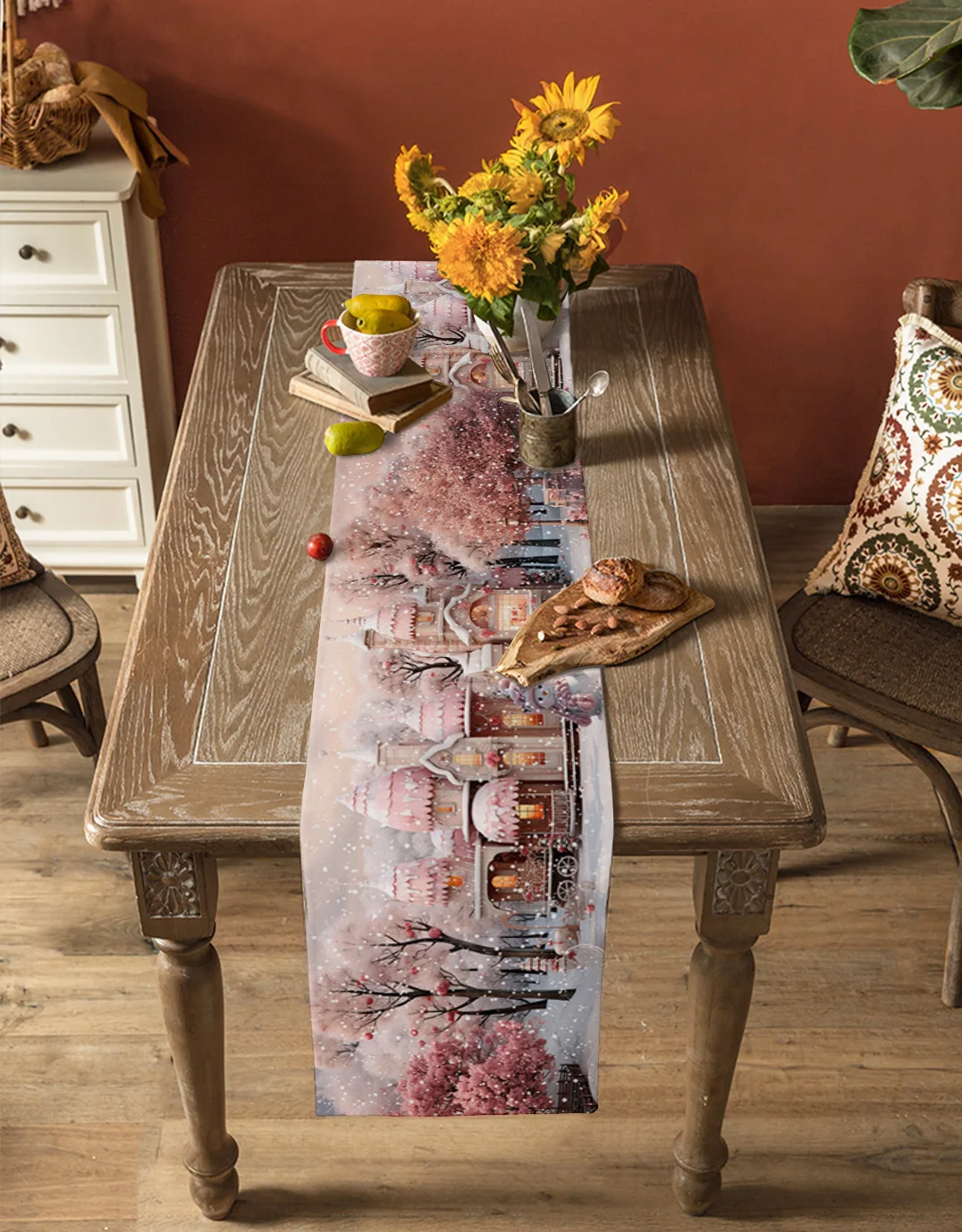 Рождественский снеговик снежная сцена розовый дом дорожка для стола декор 2024