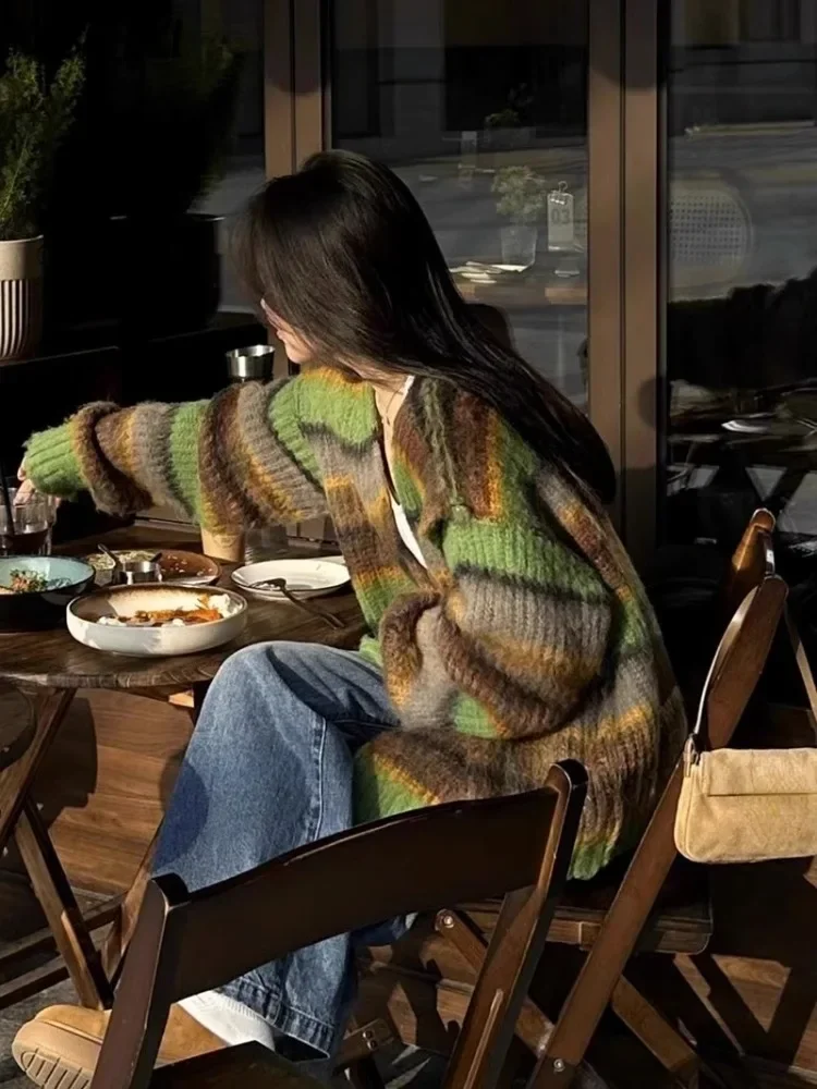 Женский трикотажный свитер в полоску свободный Универсальный кардиган стиле