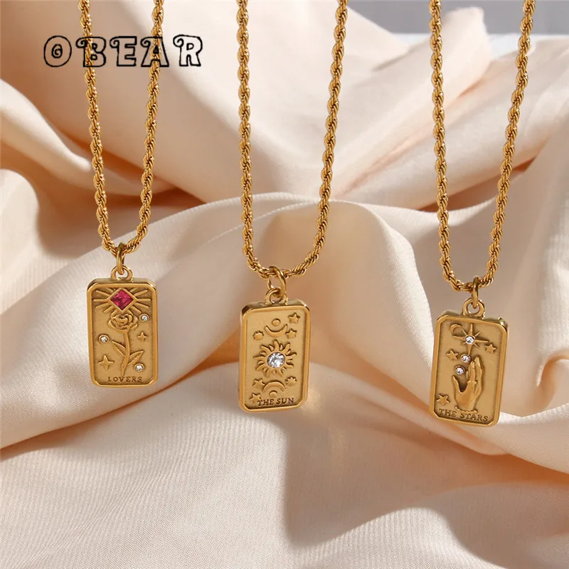 

Tarot Card Relief Inlay With Zircon Stars Flower Sun Pendant Necklace Women Stainless Steel Plated 18K Gold Jewelry Gift