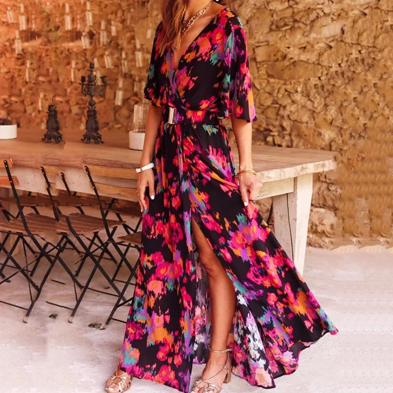 

Lady Retro Floral Print Long Dress 2023 Summer Half Sleeve Cross V-neck Beach Dress Women Fashion Casual Loose High Slit Dresses