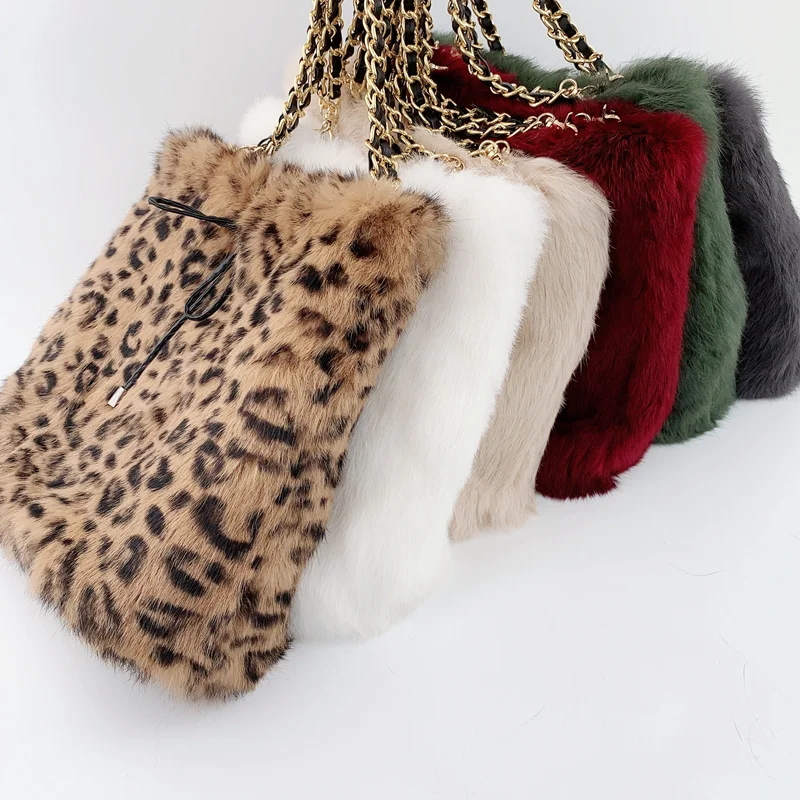 

High Quality Rabbit Fur Bag Large Capacity Leopard Pattern Tote Bag for Women 2022 Winter Soft Warm Fluffy Plush Shoulder Bag