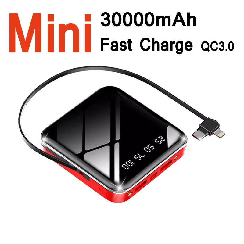 

30000mAh Portable Mini Power Bank Two-way Fast Charge External Battery Built in Cables Digital Display Phone Charger for iphone