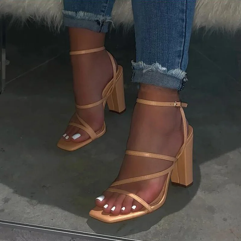 

2022 New Women's Fashion Sandals Heels Square Toe White Ankle Buckle Shoes Summer Ladies Outdoor Casual Female Party Footwear