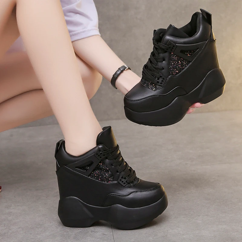 Обувь женские кроссовки на платформе теннисные туфли толстой подошве черные