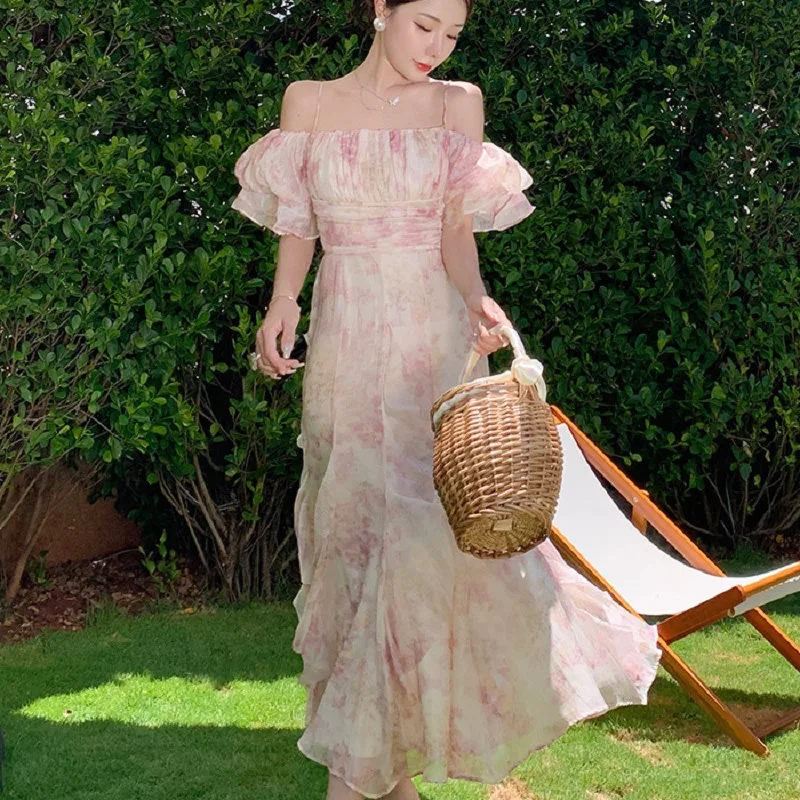 

Vintage Elegant Floral Print Ruffles Stitching Mermaid Dress Woman Gentle Slash Neck Puff Sleeves Slimming Long Dresses Vestido