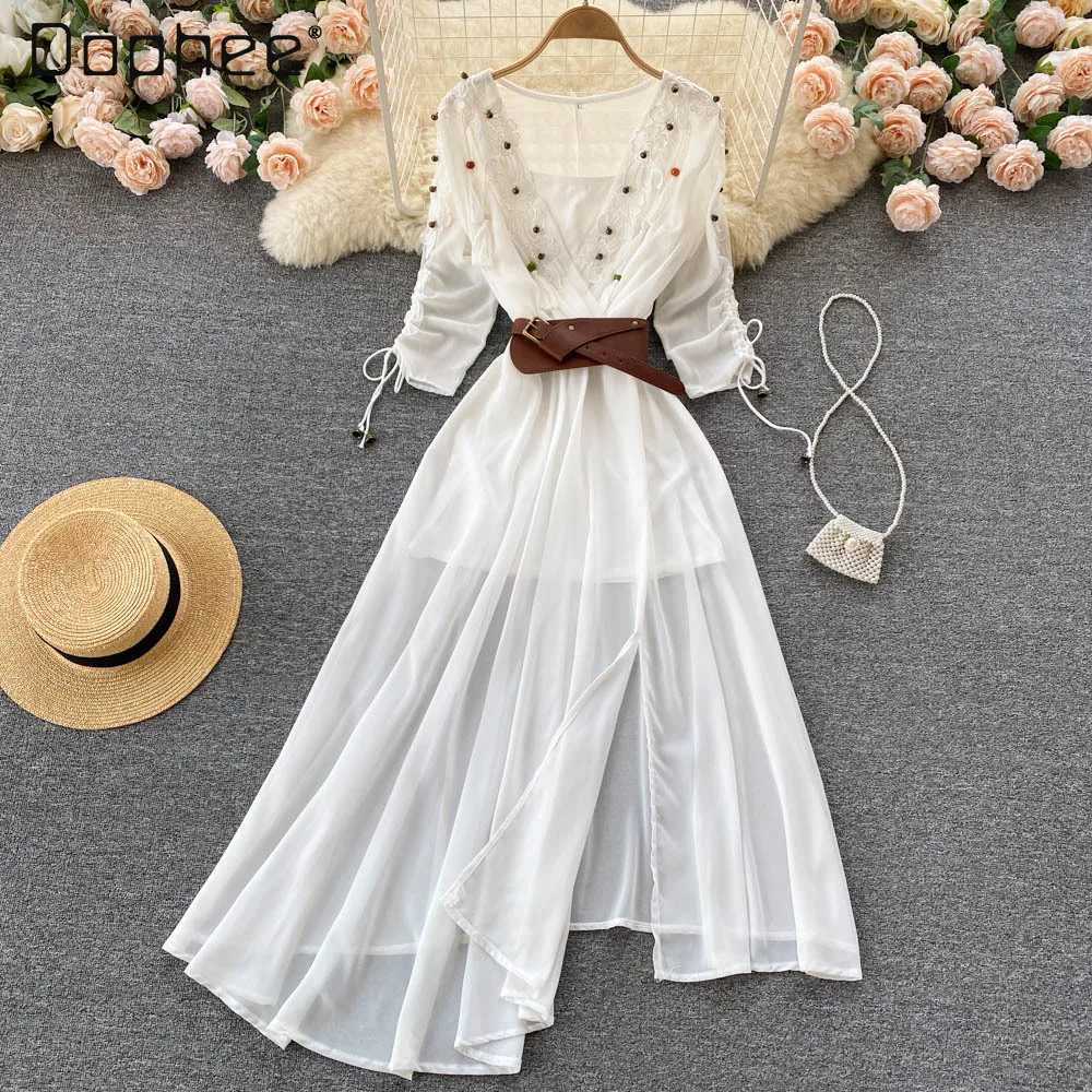 

2022 Spring New Ethnic Style Drawstring 3/4 Sleeve Square Collar Vacation Chiffon Mid-length Red Dress with Sling Top Women