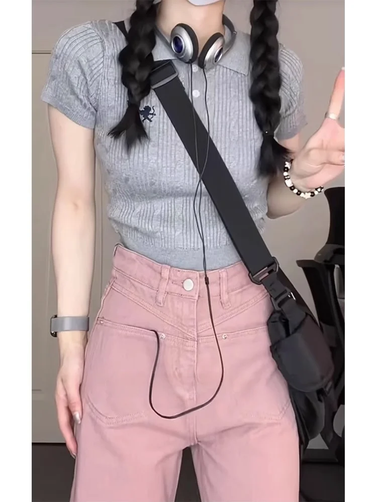 Женская Винтажная Футболка-поло с коротким рукавом и высокой талией