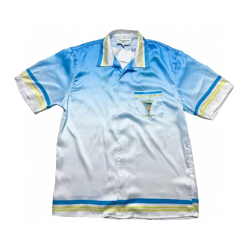 

23SS Patchwork Gradient Blue Tennis Club Print Casablanca Silk Shirt Men Women Short Sleeve Hawaii Beach Shirts Kanye West