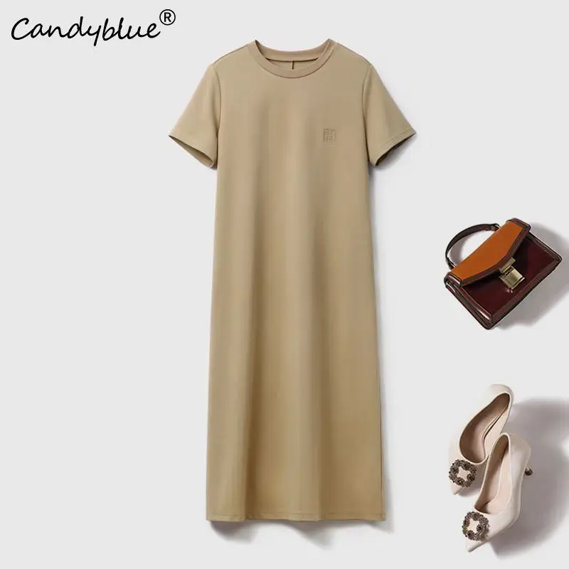 Однотонное повседневное эластичное женское платье-трапеция с круглым вырезом