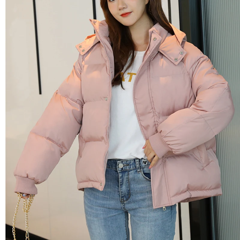 Winter Women's Hooded Zipper Loose Down Coat Korean Fashion Solid Color Long Sleeve Warm Thick Cotton Coat New 2023 Black