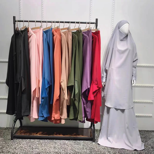 Women 2 Piece Set Hooded Muslim Dress Eid Prayer Garment Jilbab Abaya Long Khimar Full Cover Ramadan Gown Abayas Islamic Cloth 5