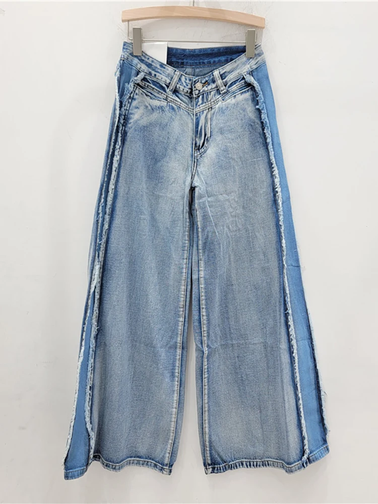 DEAT Женские джинсы с высокой талией свободные лоскутные брюки контрастного цвета