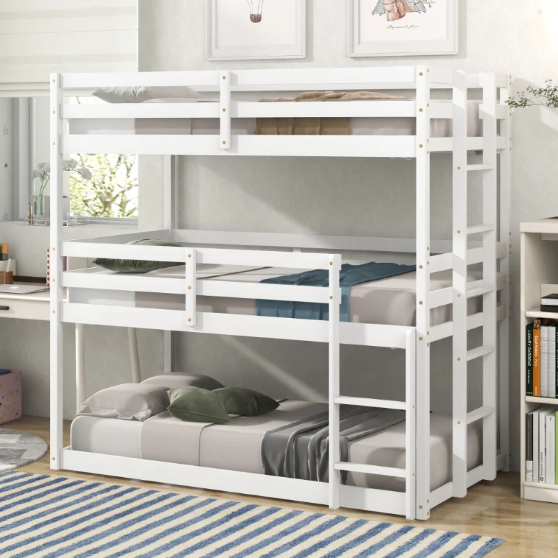 

[Flash Deal]Triple Bed Double Bed/double Bed/double Bed with Ladder No Need for Box Spring Simple Appearance White[US Stock]
