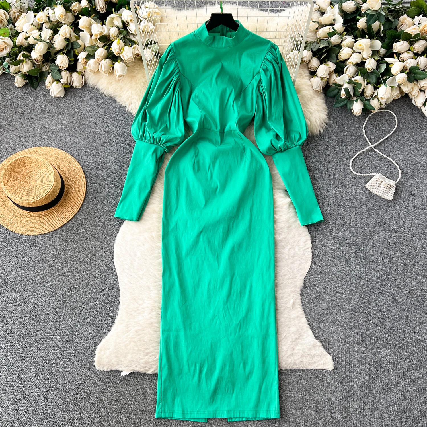 

Clothland Women Elegant Maxi Dress French Style Puff Sleeve Zipper Stand Collar One Piece Fashion Long Dresses Mujer QC589