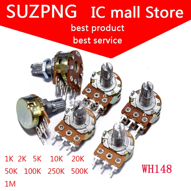 

5 шт./лот дуплексный потенциометр WH148, 6Pin, 1K, 2K, 5K, 10K, 20K, 50K, 100K, 250K, 500K, 1M Ом, линейный конический поворотный потенциометр, резистор