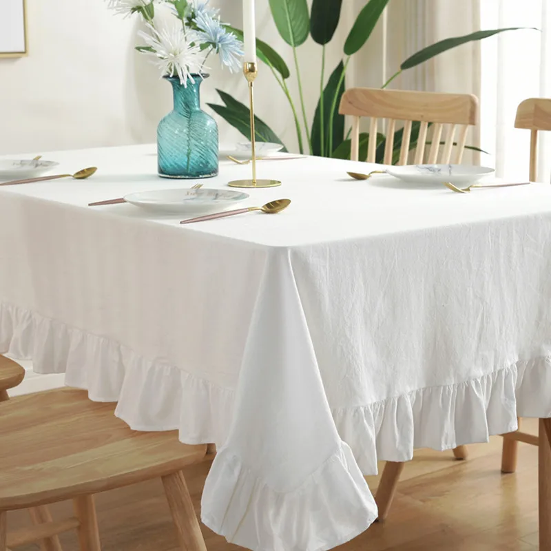 

European Retro Ruffle Tablecloth Cotton Linen White Gray Restaurant Hotel Table Cover Rectangular Round Square Desk Decoration