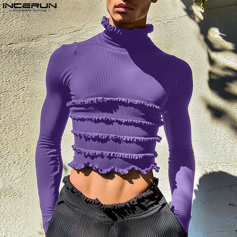 Модные топы в повседневном стиле INCERUN мужская футболка с рюшами и высоким воротом