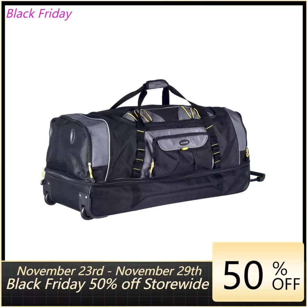 

36in 2-Section Drop-Bottom Rolling Duffel Travel Duffel Bag, Black