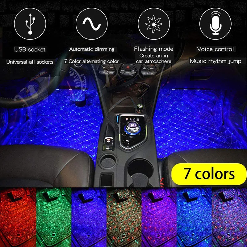 Car Interior Atmosphere Foot Light USB RGB LED Starlight Ambient Decorative Carpet Lamp Kit Remote Control Sound Decoration |