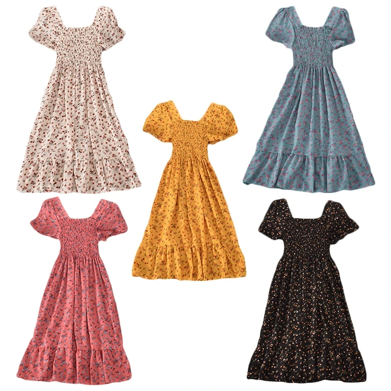 

Women Summer Puff Short Sleeve Square Neck Midi Long Swing Dress Boho Vintage Floral Print Smocked A-Line Ruffle Hem Flowy 10CD