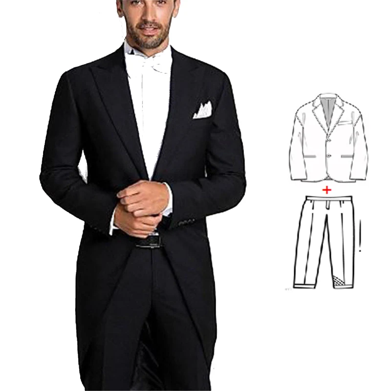 Tailor Made Fashion Men's 2 Piece Suits Black Tuxedo Tailcoat Groom Wedding Tuxedo Formal Prom Blazer (Jacket+Pants) Male Suit