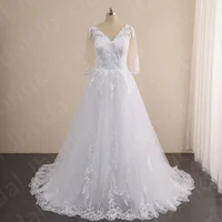 Real Sample White Wedding Dresses Lace V Neckline Bridal Gowns with 3/4 Sleeves Bride Dress Appliqued Buttons Back On Sale